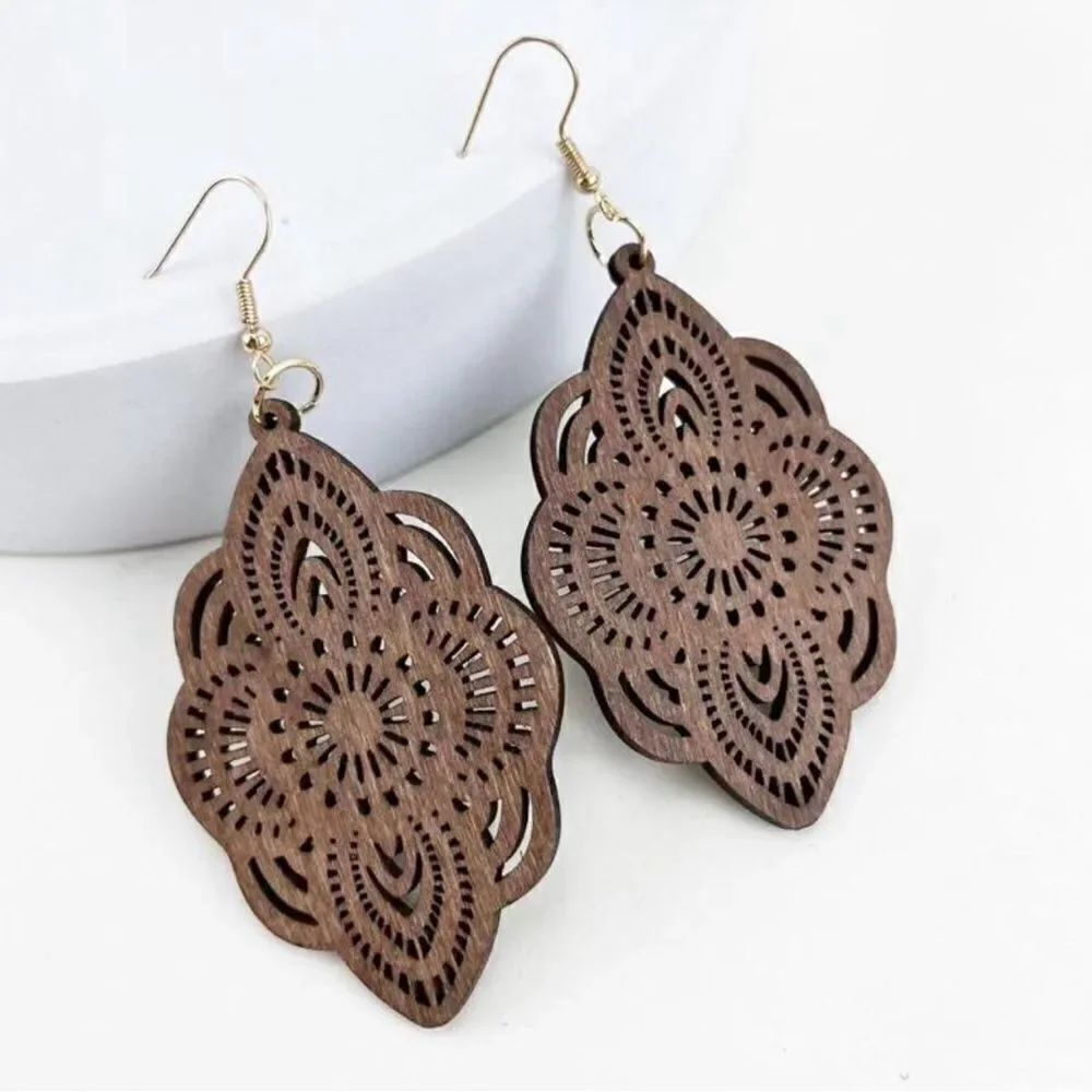 3For$20 Wood Lace Carved Drop Earrings NEW Burgundy/Brown